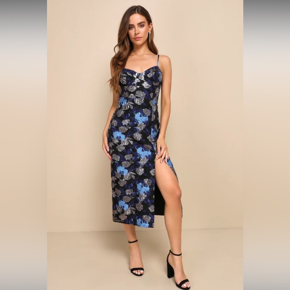 Vivid Beauty Black Floral Jacquard Sleeveless Bustier Midi Dress
Lulus